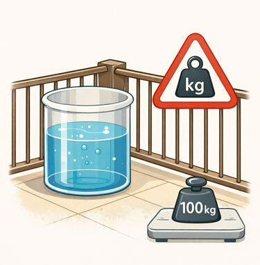 Grafica: serbatoio d'acqua sul balcone con cartello di pericolo e peso da 100 kg per ricordare la portata