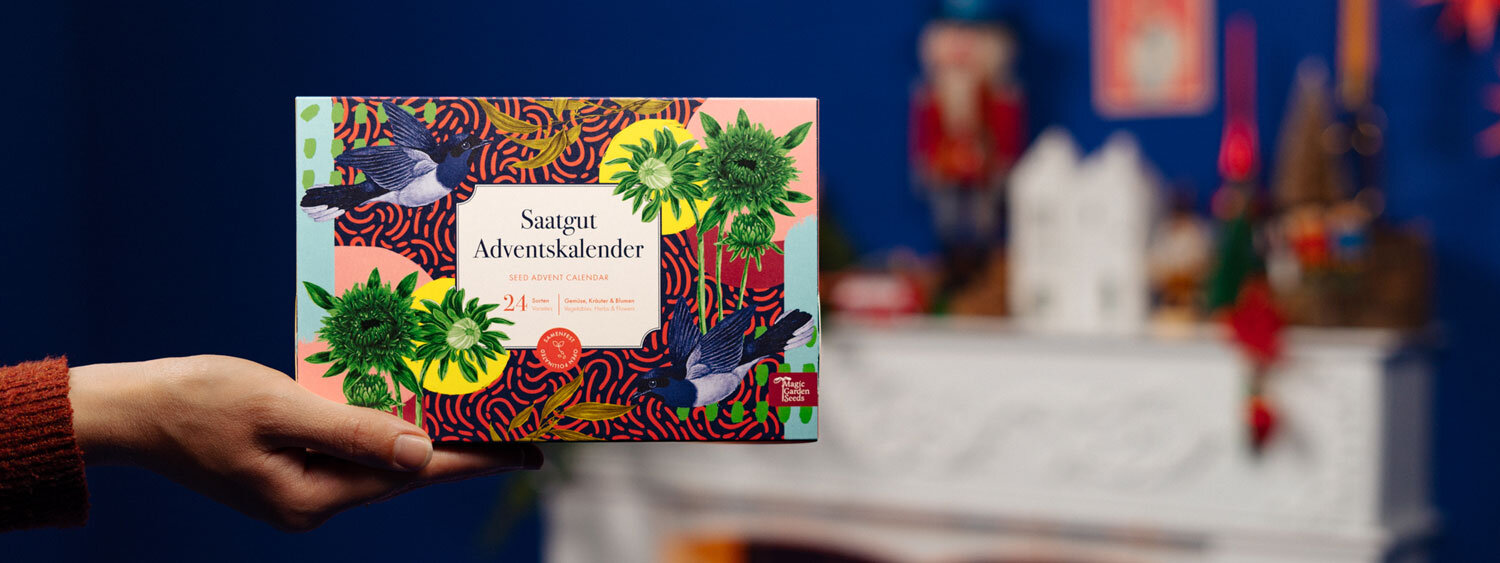 Calendario dell'Avvento di semi «Ortaggi, erbe aromatiche & fiori» tenuto in mano davanti a un camino natalizio