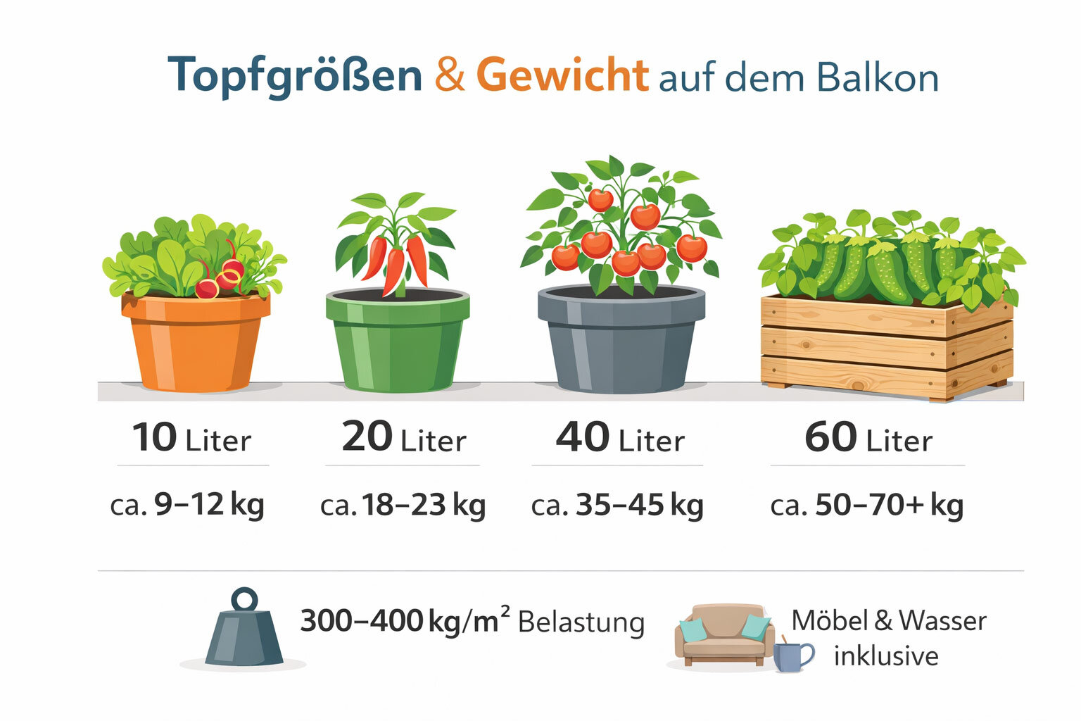 Infografica: peso dei vasi pieni, da 10 litri con circa 9-12 kg a 60 litri con circa 50-70 kg