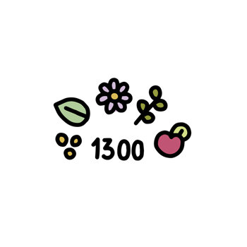 Foglia, fiore, erba, frutto e semi con il numero 1300 come simbolo del vasto assortimento