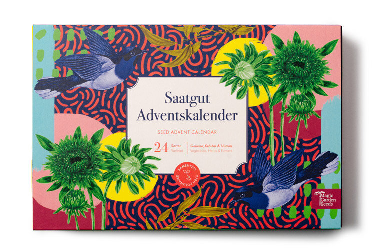 Calendario dell'Avvento di semi «Ortaggi, erbe aromatiche e fiori» con 24 varietà in una scatola illustrata