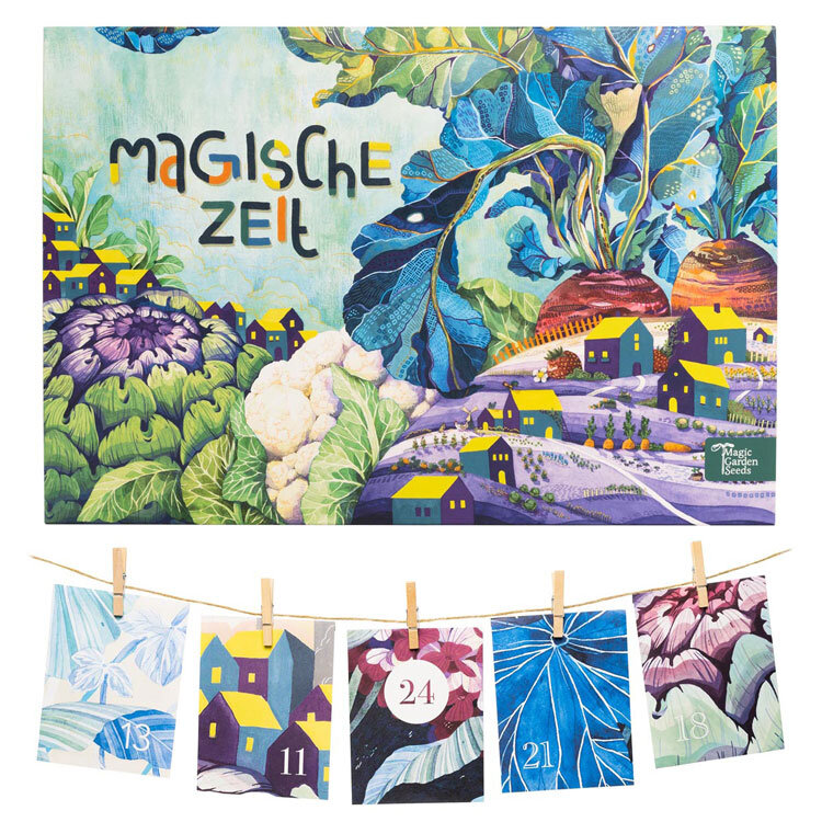 Calendario dell'Avvento bio «Periodo Magico» Orto colorato per l’autosufficienza con cartoline su uno spago