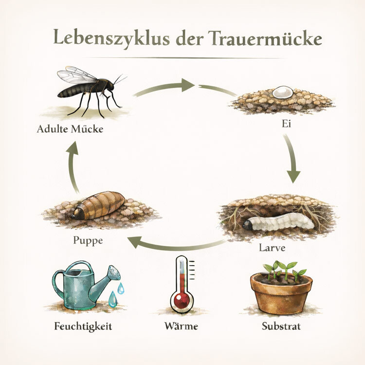 Grafico: ciclo vitale dello sciaride da uovo, larva e pupa fino all'adulto, favorito da umidità e calore