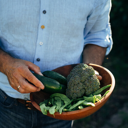 Ciotola di legno con broccoli, cetrioli e baccelli verdi appena raccolti