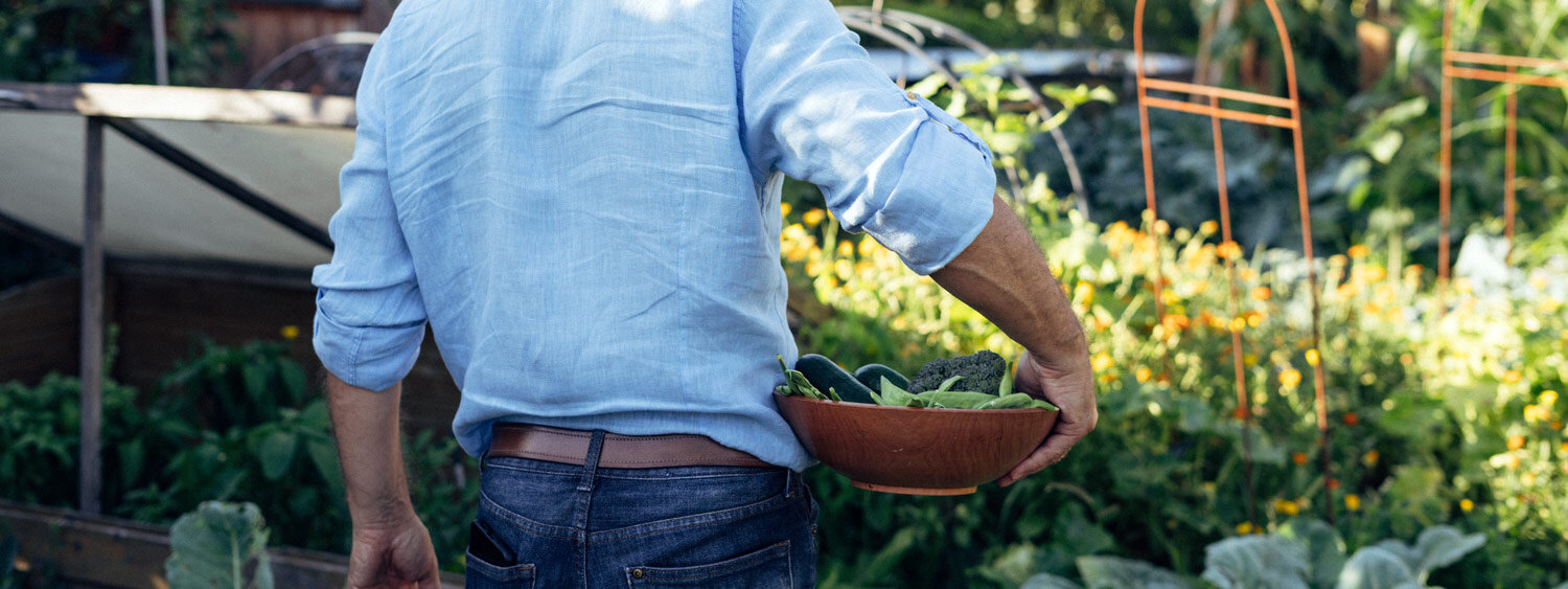 Giardiniere porta una ciotola di verdure a foglia appena raccolte attraverso l'orto
