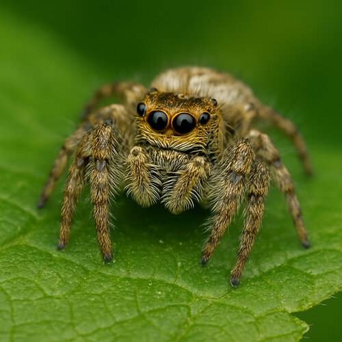 Ragno saltatore (Salticidae) con grandi occhi frontali su una foglia verde