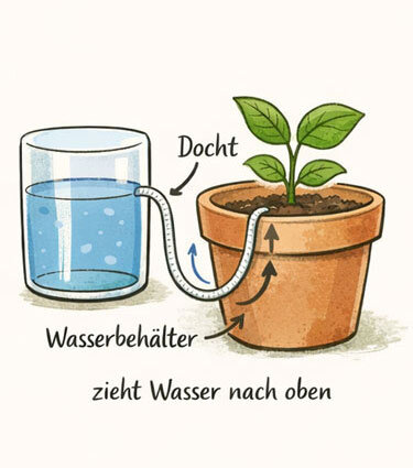 Illustrazione: uno stoppino porta l'acqua da un bicchiere al terriccio di un vaso