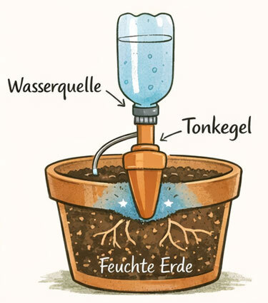 Illustrazione: cono di argilla nel vaso, collegato a una bottiglia d'acqua, mantiene umido il terriccio