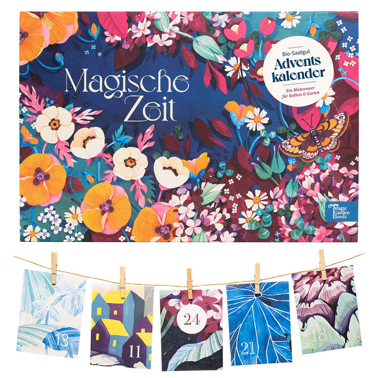 Calendario dell'Avvento di semi bio «Periodo Magico» con motivo floreale, sotto le cartoline appese a uno spago