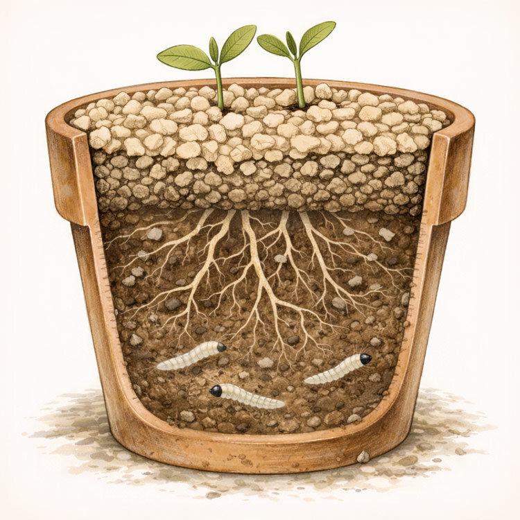 Illustrazione: sezione di un vaso con larve di sciaridi nel terriccio e strato minerale secco in superficie